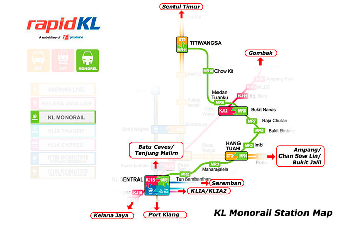 Mapa del monorraíl de Kuala Lumpur