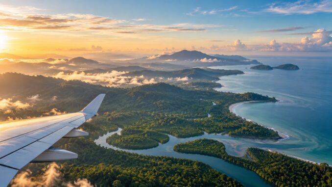 Avión sobre la costa y la selva de Borneo al llegar desde Kuala Lumpur