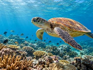 Tortuga marina nadando sobre un arrecife tropical de Malasia