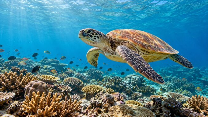 Tortuga marina nadando sobre un arrecife tropical de Malasia