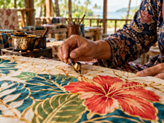 Artesana aplicando cera sobre tela de batik malasio con motivos florales