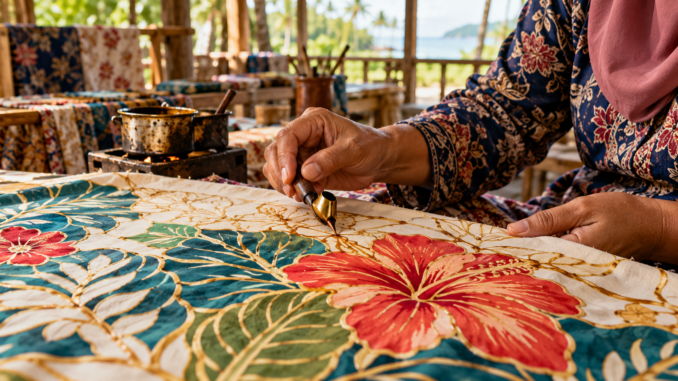 Artesana aplicando cera sobre tela de batik malasio con motivos florales