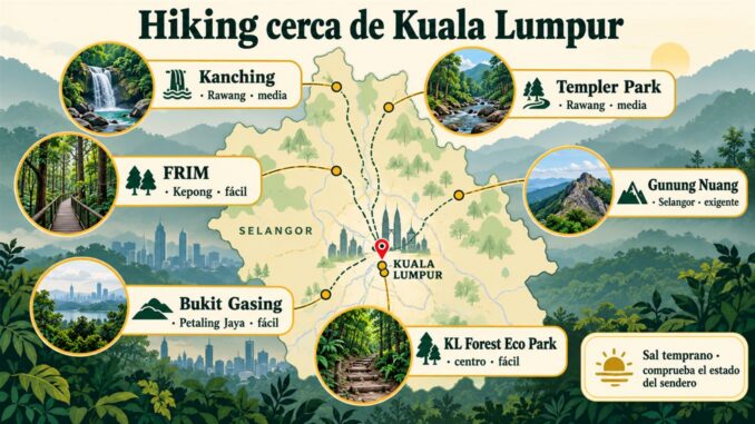 Infografía de rutas de hiking cerca de Kuala Lumpur con KL Forest Eco Park, FRIM, Bukit Gasing, Kanching, Templer Park y Gunung Nuang