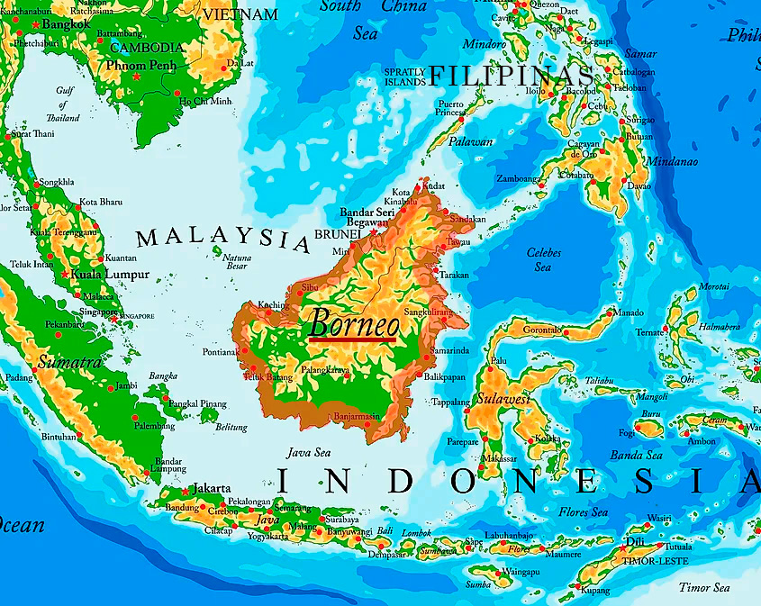 Localización de Borneo en el mapa, dónde queda la isla de Borneo