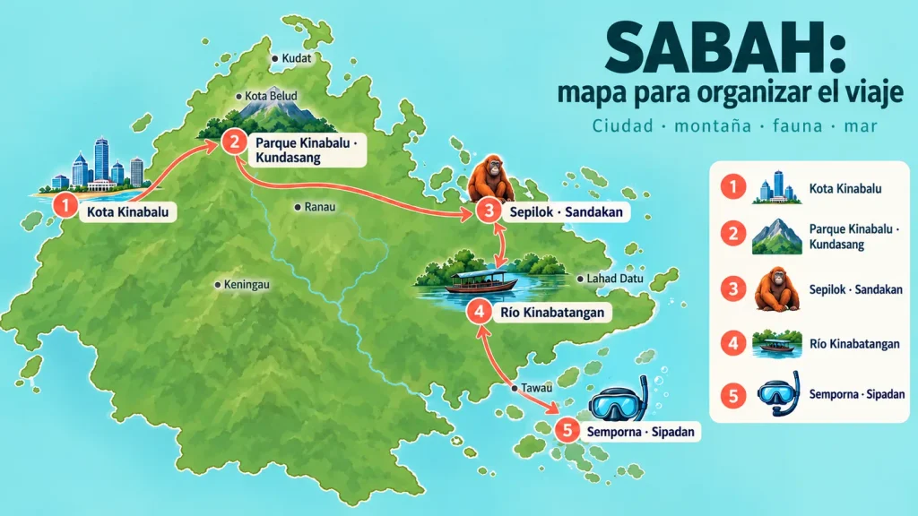Mapa para visitar Sabah, rutas y alternativas