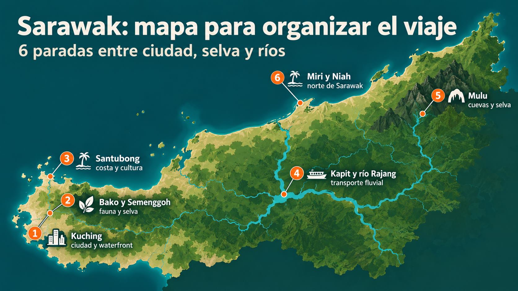 Mapa de Sarawak: lugares principales para visitar