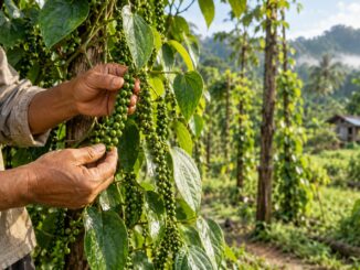 Agricultor recogiendo racimos de pimienta verde en una plantación de Sarawak, Borneo malasio