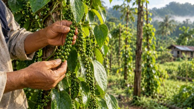 Agricultor recogiendo racimos de pimienta verde en una plantación de Sarawak, Borneo malasio