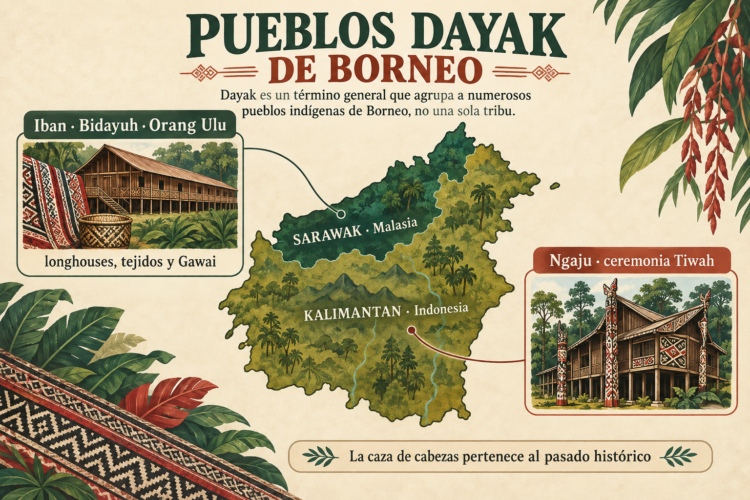 Infografía sobre los pueblos dayak de Borneo: Sarawak, Kalimantan, Iban, Bidayuh, Orang Ulu y Ngaju