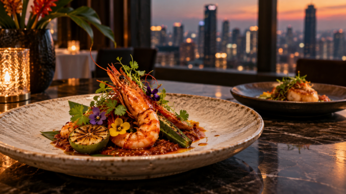 Plato de alta cocina malasia con gambas, hierbas y sambal en un restaurante de Kuala Lumpur