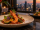 Plato de alta cocina malasia con gambas, hierbas y sambal en un restaurante de Kuala Lumpur