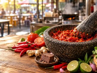 Mortero de piedra con sambal rojo, chiles, tomate, jengibre y lima en Malasia
