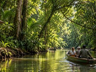 Viajeros en barca recorren un río rodeado de selva tropical en Sarawak, Borneo malasio