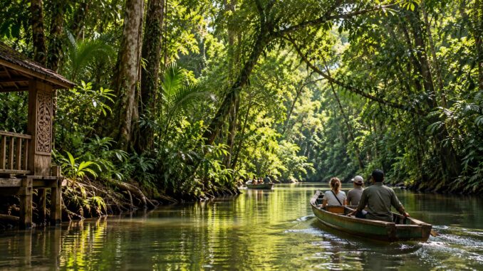 Viajeros en barca recorren un río rodeado de selva tropical en Sarawak, Borneo malasio