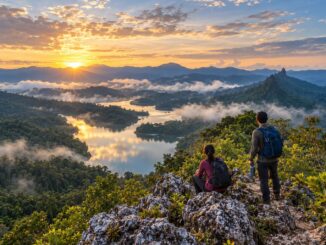 Dos senderistas con pantalón largo observan el amanecer desde una ruta de Bukit Tabur, Malasia
