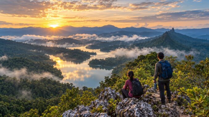 Dos senderistas con pantalón largo observan el amanecer desde una ruta de Bukit Tabur, Malasia